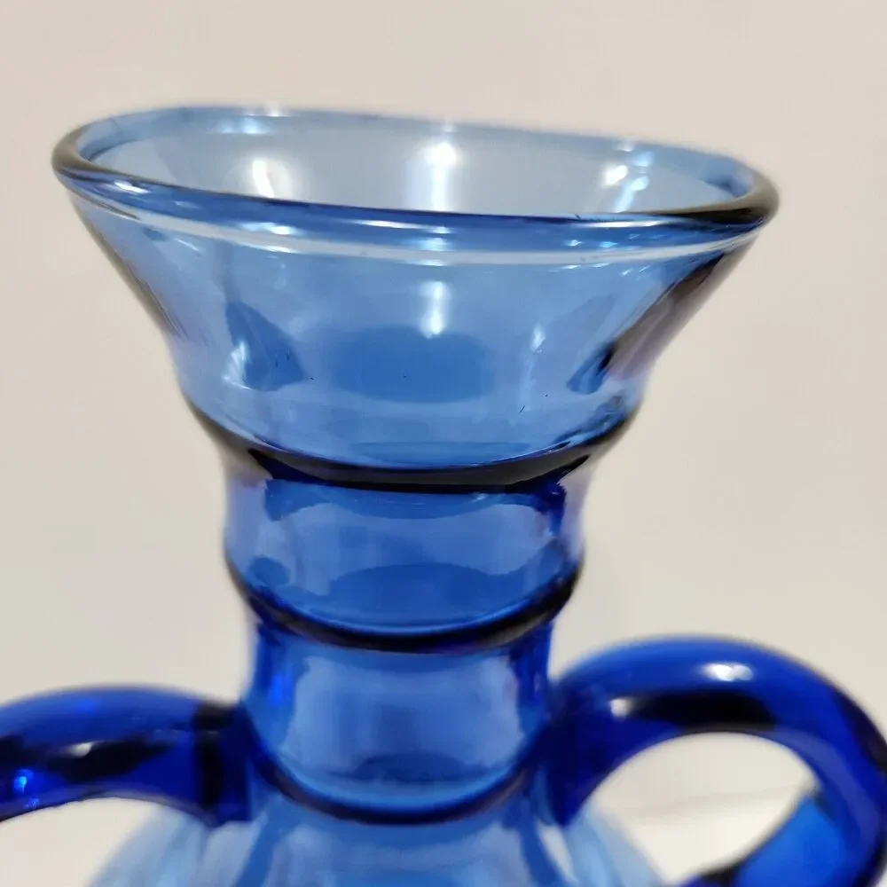 Vintage Cobalt Blue Hand Blown Vase Glass Applied Handles Made In Spain